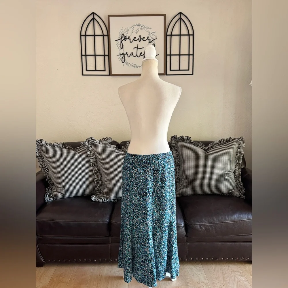 Christopher & Banks Maxi Blue & Black Floral Skirt Size 10 Whimsical Boho Indie